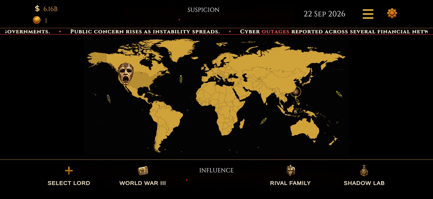 Shadow Rulers world map displayed on an iPhone