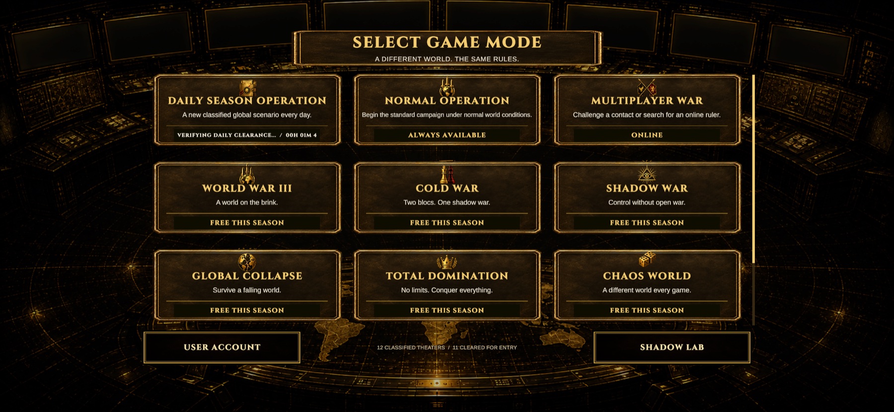 Shadow Rulers game mode selection displayed on a laptop