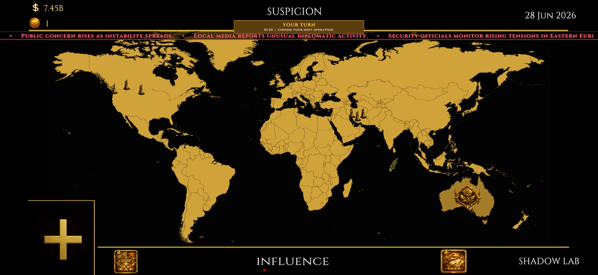 Shadow Rulers — global influence world map during a Suspicion turn